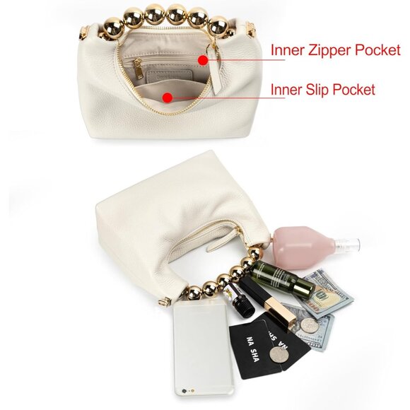 ⚡ Women's Top Handle Chain Pearl Strap Leather Crossbody Tote White Bag - Picture 6 of 7